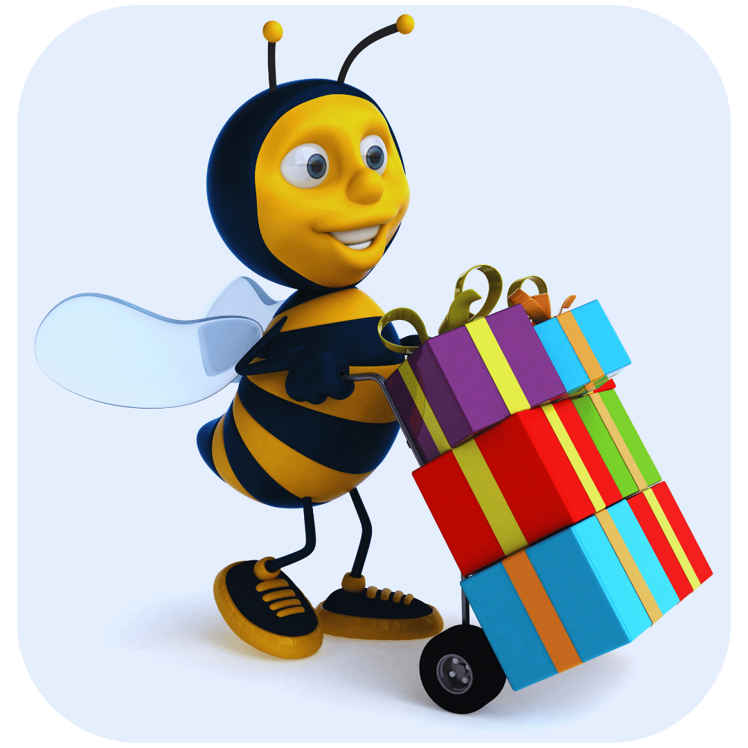 1st birthday party theme with cartoon bees and birthday presents
